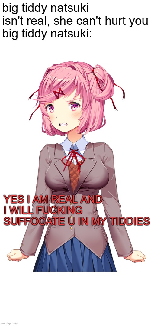 big tiddy natsuki isn't real, she can't hurt you
big tiddy natsuki:; YES I AM REAL AND I WILL FUCKING SUFFOCATE U IN MY TIDDIES | image tagged in natsuki,ddlc,doki doki literature club,meme,funny | made w/ Imgflip meme maker