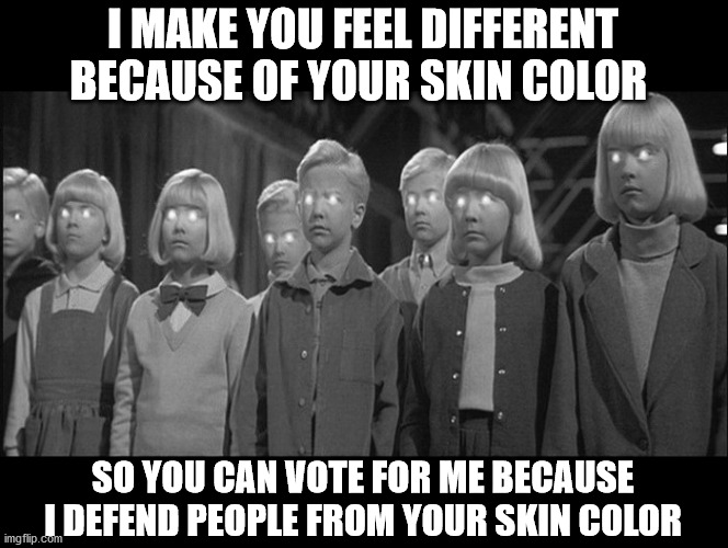 brainwashed | I MAKE YOU FEEL DIFFERENT BECAUSE OF YOUR SKIN COLOR SO YOU CAN VOTE FOR ME BECAUSE I DEFEND PEOPLE FROM YOUR SKIN COLOR | image tagged in brainwashed | made w/ Imgflip meme maker