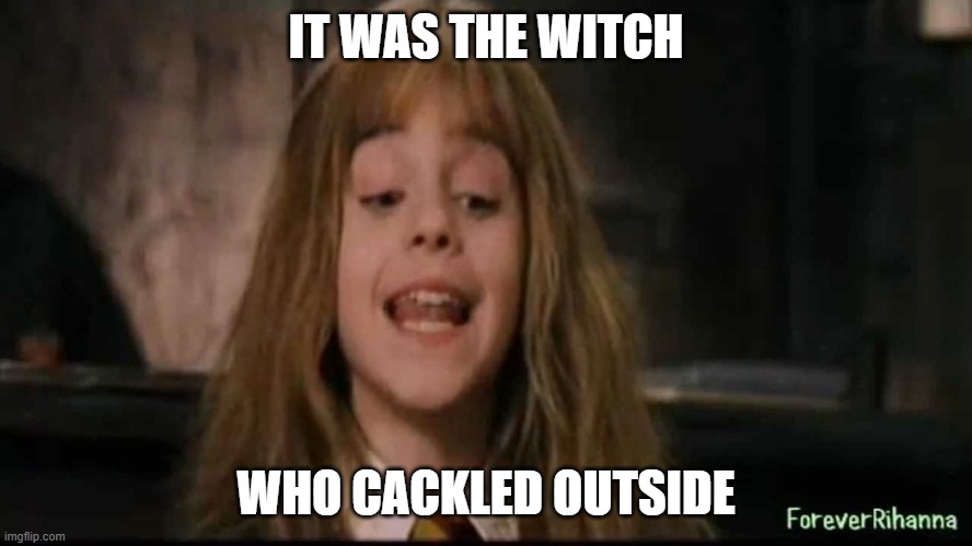 hermione | IT WAS THE WITCH WHO CACKLED OUTSIDE | image tagged in hermione | made w/ Imgflip meme maker