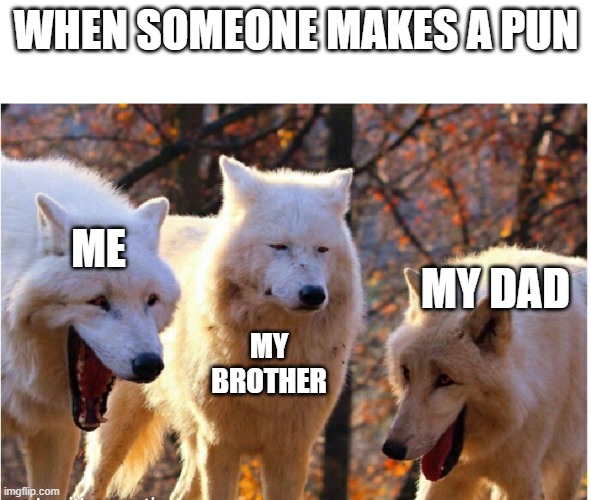Laughing wolves | WHEN SOMEONE MAKES A PUN; ME; MY DAD; MY BROTHER | image tagged in laughing wolves | made w/ Imgflip meme maker