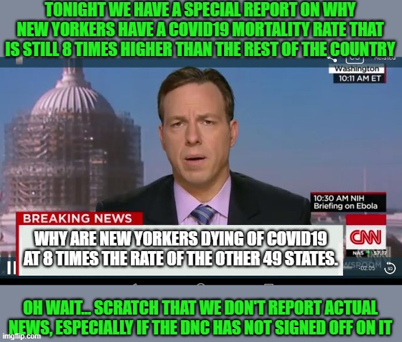 breaking news | TONIGHT WE HAVE A SPECIAL REPORT ON WHY NEW YORKERS HAVE A COVID19 MORTALITY RATE THAT IS STILL 8 TIMES HIGHER THAN THE REST OF THE COUNTRY; WHY ARE NEW YORKERS DYING OF COVID19 AT 8 TIMES THE RATE OF THE OTHER 49 STATES. OH WAIT... SCRATCH THAT WE DON'T REPORT ACTUAL NEWS, ESPECIALLY IF THE DNC HAS NOT SIGNED OFF ON IT | image tagged in cnn breaking news template,cnn,andrew cuomo,democrats,2020 elections | made w/ Imgflip meme maker