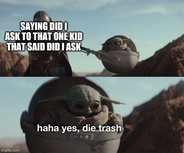 baby yoda die trash | SAYING DID I ASK TO THAT ONE KID THAT SAID DID I ASK | image tagged in baby yoda die trash | made w/ Imgflip meme maker
