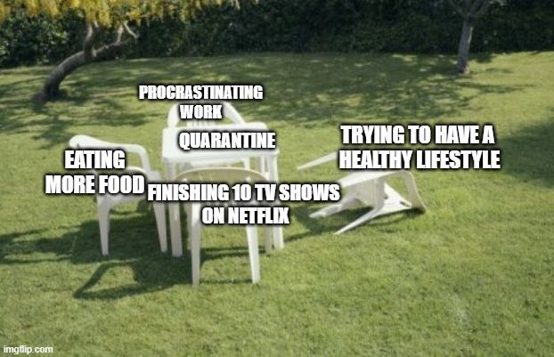 Quarantine be like: | PROCRASTINATING WORK; TRYING TO HAVE A 
HEALTHY LIFESTYLE; QUARANTINE; EATING MORE FOOD; FINISHING 10 TV SHOWS 
ON NETFLIX | image tagged in memes,we will rebuild | made w/ Imgflip meme maker