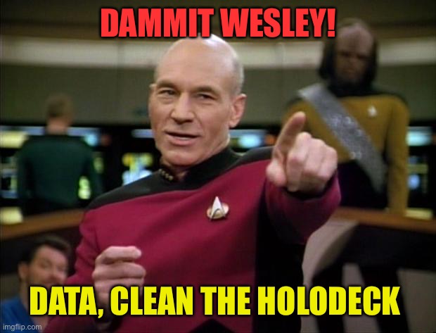 Picard | DAMMIT WESLEY! DATA, CLEAN THE HOLODECK | image tagged in picard | made w/ Imgflip meme maker