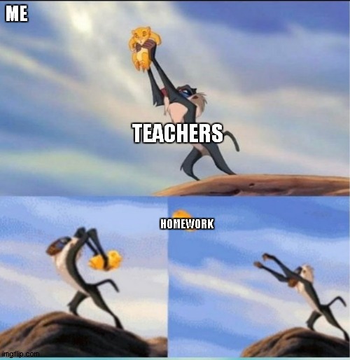 lion being yeeted | ME; TEACHERS; HOMEWORK | image tagged in lion being yeeted | made w/ Imgflip meme maker