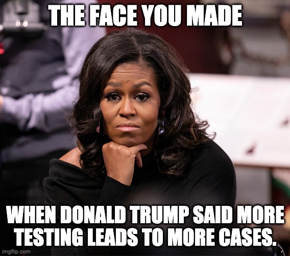 Michelle Obama's Face | THE FACE YOU MADE; WHEN DONALD TRUMP SAID MORE TESTING LEADS TO MORE CASES. | image tagged in donald trump is an idiot,michelle obama,covid-19,coronavirus | made w/ Imgflip meme maker