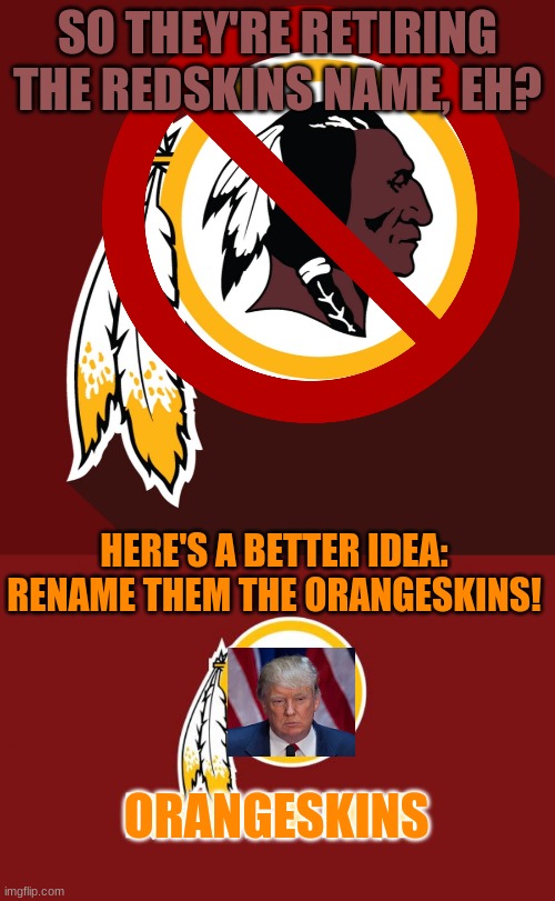 Triggered liberals in 3...2...1! | SO THEY'RE RETIRING THE REDSKINS NAME, EH? HERE'S A BETTER IDEA:


RENAME THEM THE ORANGESKINS! ORANGESKINS | image tagged in redskins,memes,orangeskins,donald trump | made w/ Imgflip meme maker