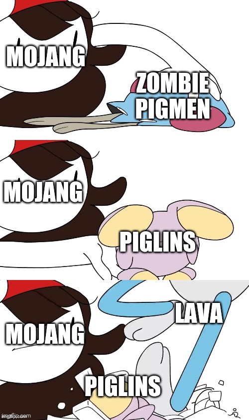 Piglins and lava | MOJANG; ZOMBIE PIGMEN; MOJANG; PIGLINS; LAVA; MOJANG; PIGLINS | image tagged in jaiden animations pokemon swap | made w/ Imgflip meme maker