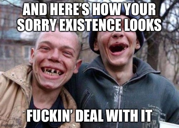 Ugly Twins Meme | AND HERE’S HOW YOUR SORRY EXISTENCE LOOKS FUCKIN’ DEAL WITH IT | image tagged in memes,ugly twins | made w/ Imgflip meme maker