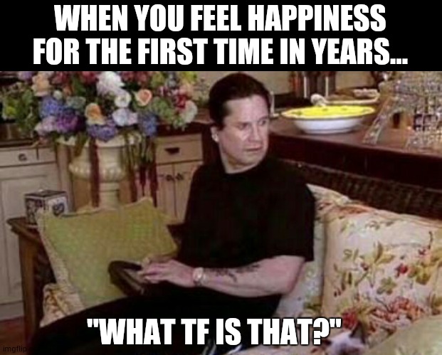 WHEN YOU FEEL HAPPINESS FOR THE FIRST TIME IN YEARS... "WHAT TF IS THAT?" | image tagged in ozzy osbourne | made w/ Imgflip meme maker