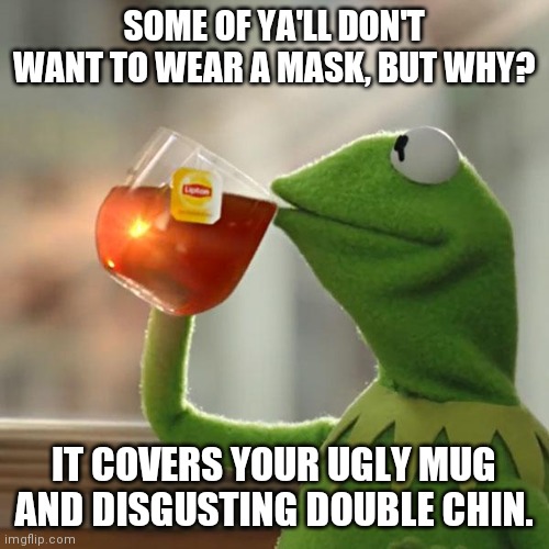 But That's None Of My Business Meme | SOME OF YA'LL DON'T WANT TO WEAR A MASK, BUT WHY? IT COVERS YOUR UGLY MUG AND DISGUSTING DOUBLE CHIN. | image tagged in memes,but that's none of my business,kermit the frog | made w/ Imgflip meme maker