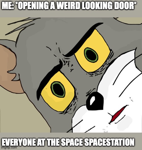 I've always had trouble opening doors | ME: *OPENING A WEIRD LOOKING DOOR*; EVERYONE AT THE SPACE SPACESTATION | image tagged in memes,unsettled tom | made w/ Imgflip meme maker