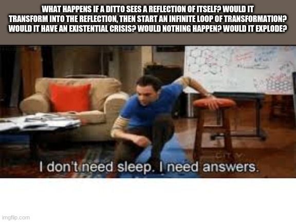 i dont need sleep i need answers | WHAT HAPPENS IF A DITTO SEES A REFLECTION OF ITSELF? WOULD IT TRANSFORM INTO THE REFLECTION, THEN START AN INFINITE LOOP OF TRANSFORMATION? WOULD IT HAVE AN EXISTENTIAL CRISIS? WOULD NOTHING HAPPEN? WOULD IT EXPLODE? | image tagged in i dont need sleep i need answers | made w/ Imgflip meme maker