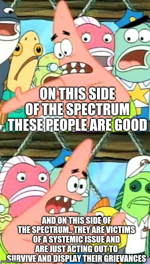 Behold! The spectrum of humans through the eyes of a liberal. Really want these people instead of the police? | ON THIS SIDE OF THE SPECTRUM THESE PEOPLE ARE GOOD; AND ON THIS SIDE OF THE SPECTRUM.. THEY ARE VICTIMS OF A SYSTEMIC ISSUE AND ARE JUST ACTING OUT TO SURVIVE AND DISPLAY THEIR GRIEVANCES | image tagged in memes,put it somewhere else patrick | made w/ Imgflip meme maker