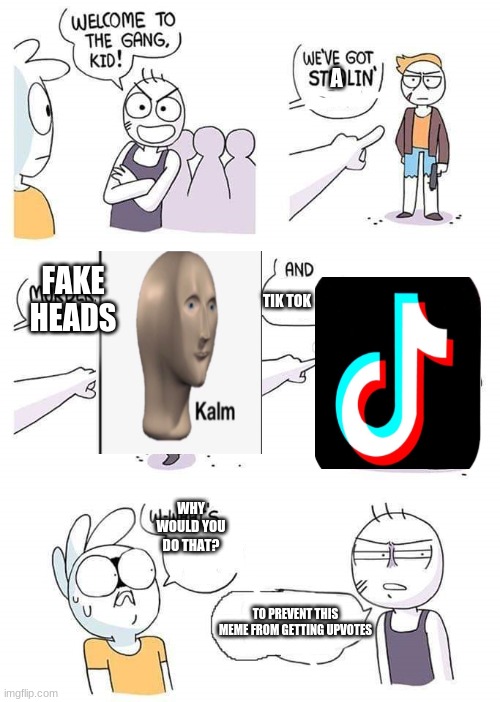 Welcome to the gang | A; FAKE HEADS; TIK TOK; WHY WOULD YOU DO THAT? TO PREVENT THIS MEME FROM GETTING UPVOTES | image tagged in welcome to the gang | made w/ Imgflip meme maker