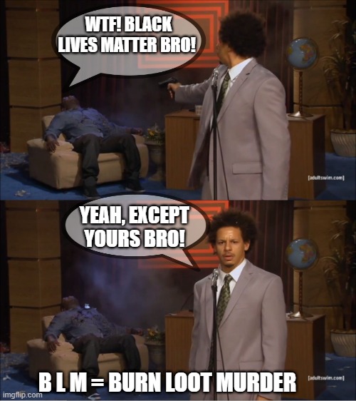 BLM = Burn Loot Murder | WTF! BLACK LIVES MATTER BRO! YEAH, EXCEPT YOURS BRO! B L M = BURN LOOT MURDER | image tagged in memes,who killed hannibal,all lives matter,blm,black lives matter,antifa | made w/ Imgflip meme maker