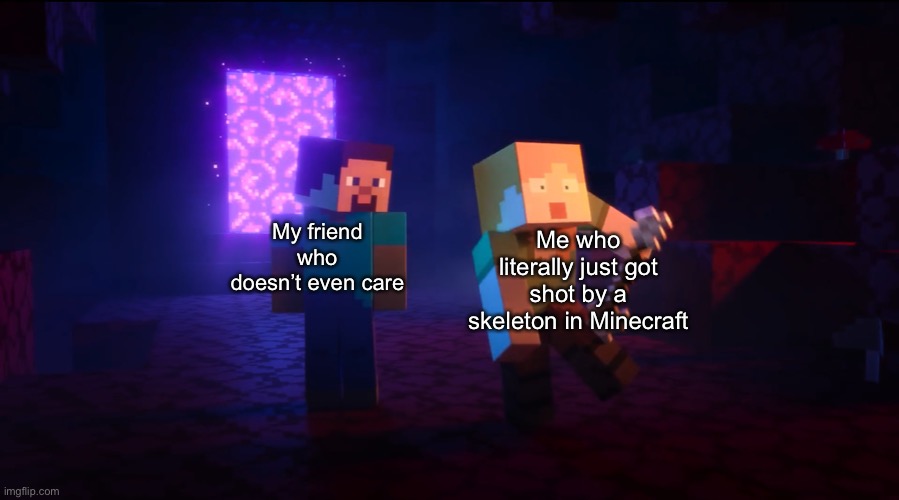 just made a new format lol | Me who literally just got shot by a skeleton in Minecraft; My friend who doesn’t even care | image tagged in alex gets shot by arrow,new format,memes | made w/ Imgflip meme maker