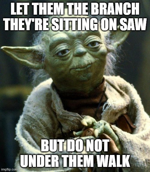 Don't me say it twice make | LET THEM THE BRANCH THEY'RE SITTING ON SAW; BUT DO NOT UNDER THEM WALK | image tagged in memes,star wars yoda | made w/ Imgflip meme maker