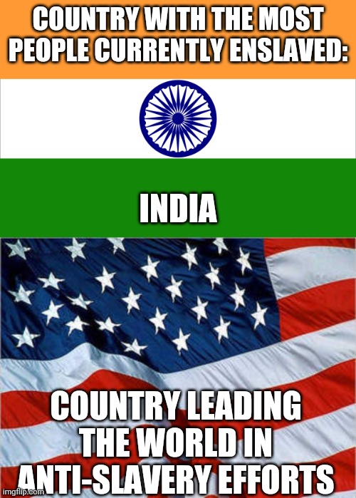 Know what you are protesting | COUNTRY WITH THE MOST PEOPLE CURRENTLY ENSLAVED:; INDIA; COUNTRY LEADING THE WORLD IN ANTI-SLAVERY EFFORTS | image tagged in usa flag,india,modern slavery | made w/ Imgflip meme maker