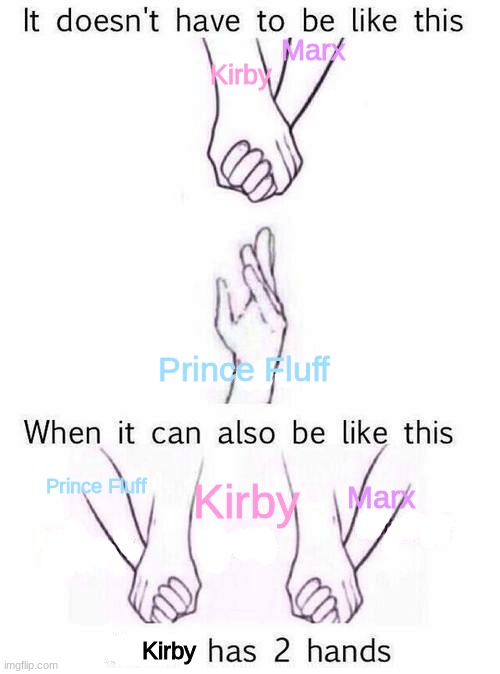 good ole marukabifluff | Marx; Kirby; Prince Fluff; Prince Fluff; Kirby; Marx; Kirby | image tagged in two hands,kirby | made w/ Imgflip meme maker