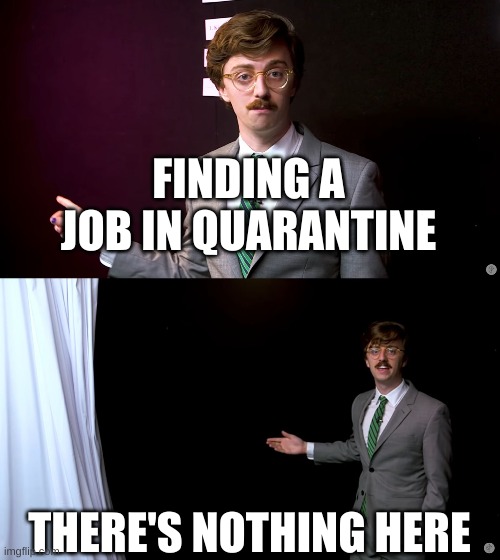 Still on break, just wanted to make some memes? | FINDING A JOB IN QUARANTINE; THERE'S NOTHING HERE | image tagged in there's nothing here | made w/ Imgflip meme maker
