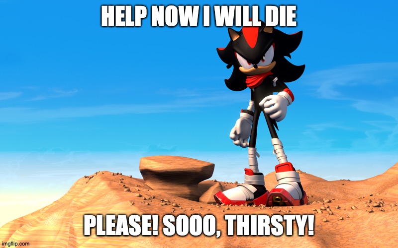 desert die | HELP NOW I WILL DIE; PLEASE! SOOO, THIRSTY! | image tagged in shadow the hedgehog | made w/ Imgflip meme maker