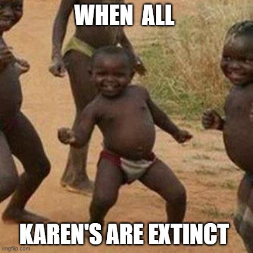 Third World Success Kid Meme | WHEN  ALL; KAREN'S ARE EXTINCT | image tagged in memes,third world success kid | made w/ Imgflip meme maker