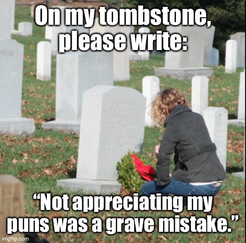 Grave | On my tombstone, please write:; “Not appreciating my puns was a grave mistake.” | image tagged in mistake | made w/ Imgflip meme maker