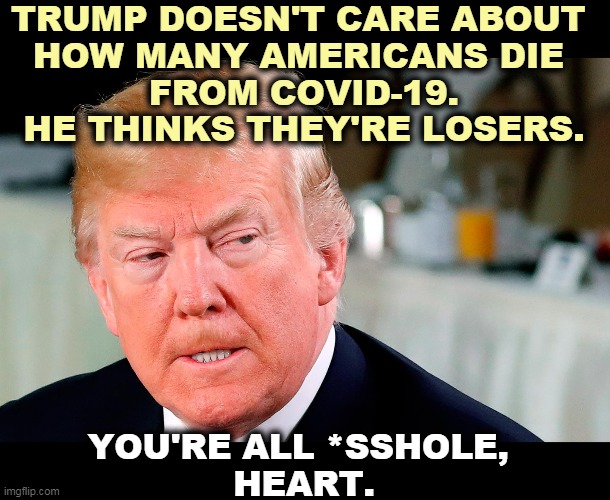 There's something not quite right about that guy. At least Biden is a real person. | TRUMP DOESN'T CARE ABOUT 
HOW MANY AMERICANS DIE 
FROM COVID-19. HE THINKS THEY'RE LOSERS. YOU'RE ALL *SSHOLE, 
HEART. | image tagged in trump lip curl as his world goes to shit,covid-19,coronavirus,pandemic,empathy,insane | made w/ Imgflip meme maker