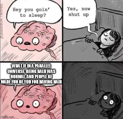 waking up brain | WHAT IF IN A PARALLEL UNIVERSE, BEING BALD WAS NORMAL, AND PEOPLE BE MADE FUN OF YOU FOR HAVING HAIR | image tagged in waking up brain | made w/ Imgflip meme maker