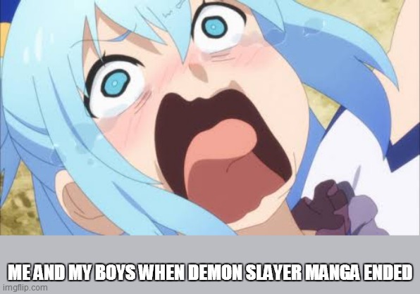 Aqua crying/screaming | ME AND MY BOYS WHEN DEMON SLAYER MANGA ENDED | image tagged in aqua crying/screaming | made w/ Imgflip meme maker