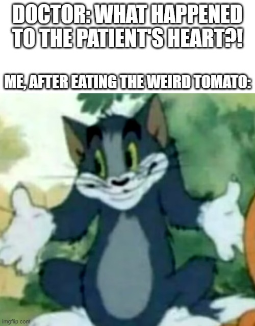 Shrugging Tom | DOCTOR: WHAT HAPPENED TO THE PATIENT'S HEART?! ME, AFTER EATING THE WEIRD TOMATO: | image tagged in shrugging tom | made w/ Imgflip meme maker