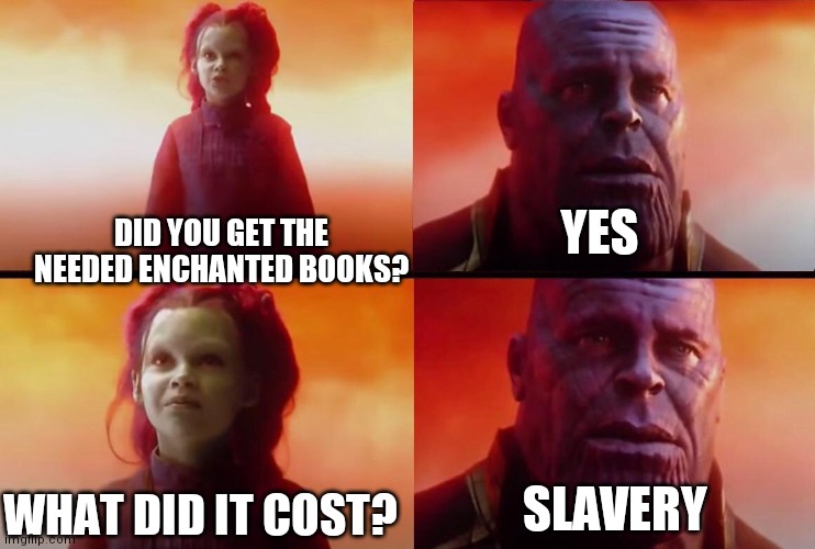 What did it cost? | YES; DID YOU GET THE NEEDED ENCHANTED BOOKS? SLAVERY; WHAT DID IT COST? | image tagged in what did it cost | made w/ Imgflip meme maker