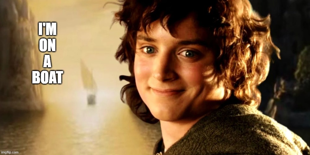 It's an older meme, sir, but it checks out.... | I'M

ON
A
BOAT | image tagged in frodo,i'm on a boat | made w/ Imgflip meme maker