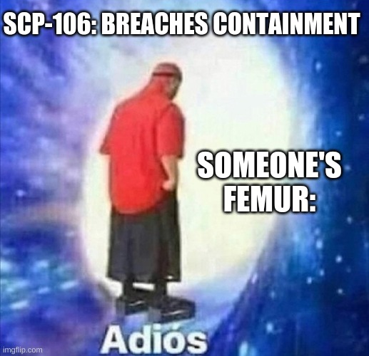 F E M U R    B R E A K E R | SCP-106: BREACHES CONTAINMENT; SOMEONE'S FEMUR: | image tagged in adios,scp,scp meme | made w/ Imgflip meme maker