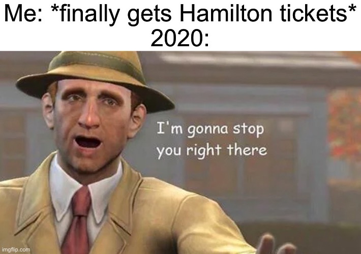 Happened to my sister. I wasn’t even allowed to buy Hamilton tickets ;-; | Me: *finally gets Hamilton tickets*
2020: | image tagged in i'm gonna stop you right there,hamilton,tickets | made w/ Imgflip meme maker