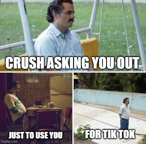 Sad hours | CRUSH ASKING YOU OUT; FOR TIK TOK; JUST TO USE YOU | image tagged in memes,sad pablo escobar,sad,tik tok,forever alone,why | made w/ Imgflip meme maker