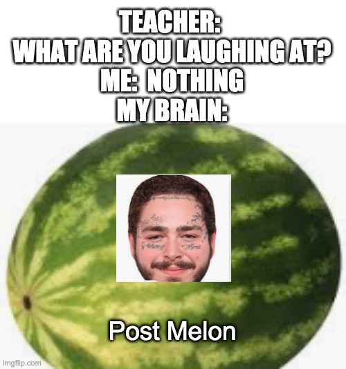 Kinda iffy pun but it works | TEACHER:  WHAT ARE YOU LAUGHING AT?
ME:  NOTHING
MY BRAIN:; Post Melon | image tagged in post malone,watermelon,tags | made w/ Imgflip meme maker