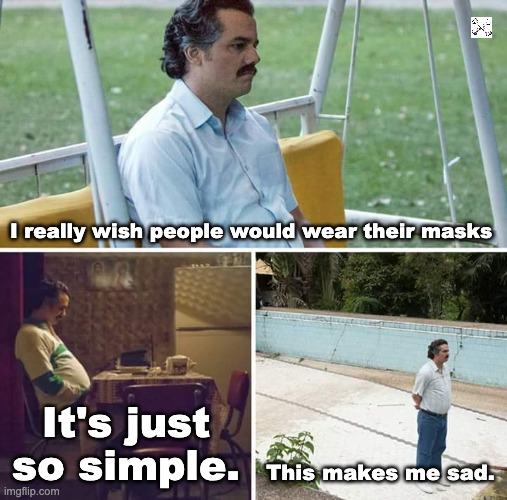 Why won't they? | I really wish people would wear their masks; It's just so simple. This makes me sad. | image tagged in memes,sad pablo escobar | made w/ Imgflip meme maker