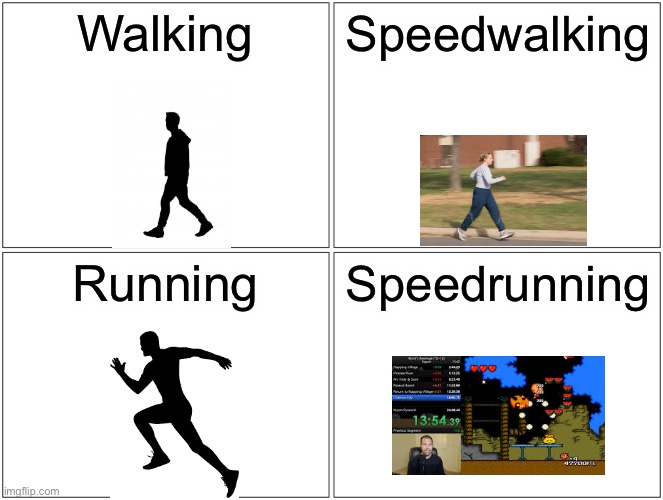 Blank Comic Panel 2x2 Meme | Walking; Speedwalking; Running; Speedrunning | image tagged in memes,blank comic panel 2x2 | made w/ Imgflip meme maker