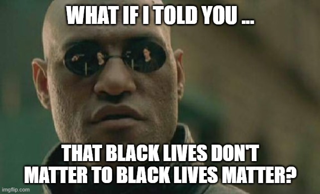 Matrix Morpheus |  WHAT IF I TOLD YOU ... THAT BLACK LIVES DON'T MATTER TO BLACK LIVES MATTER? | image tagged in memes,matrix morpheus | made w/ Imgflip meme maker