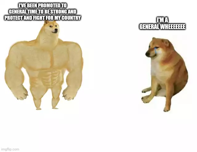 Yeah not the choice I would have gone with- | I'VE BEEN PROMOTED TO GENERAL TIME TO BE STRONG AND PROTECT AND FIGHT FOR MY COUNTRY; I'M A GENERAL WHEEEEEEE | image tagged in buff doge vs cheems,hamilton | made w/ Imgflip meme maker