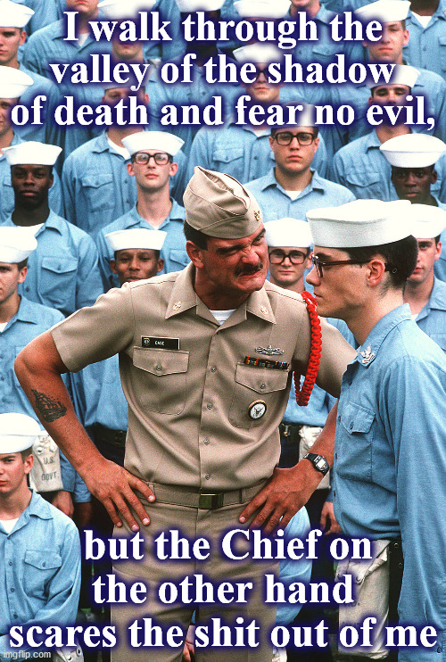 cpo | I walk through the valley of the shadow of death and fear no evil, but the Chief on the other hand scares the shit out of me | image tagged in cpo | made w/ Imgflip meme maker