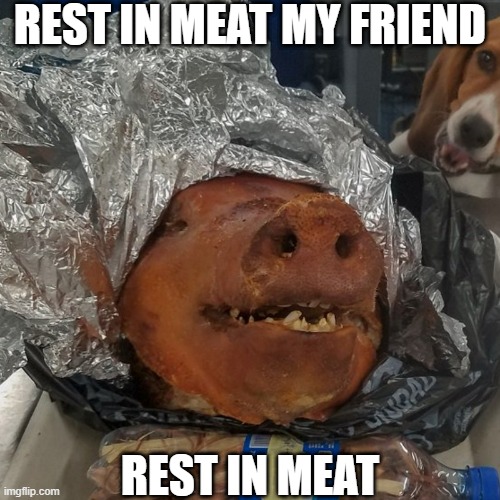 REST IN MEAT MY FRIEND; REST IN MEAT | image tagged in pigs,meat,rest in peace | made w/ Imgflip meme maker