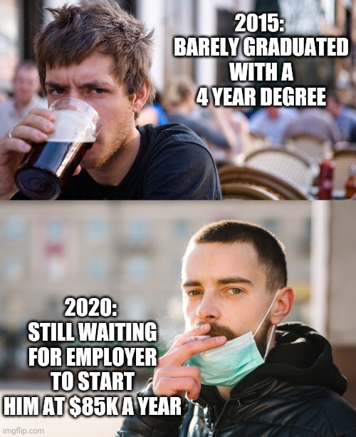 Where's my entitlement? | 2015:  BARELY GRADUATED WITH A 4 YEAR DEGREE; 2020:  STILL WAITING FOR EMPLOYER TO START HIM AT $85K A YEAR | image tagged in college liberal,lazy,lazy college senior,beer,millennial,riot | made w/ Imgflip meme maker