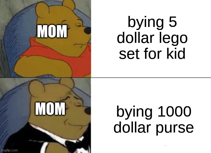 Tuxedo Winnie The Pooh Meme | bying 5 dollar lego set for kid; MOM; bying 1000 dollar purse; MOM | image tagged in memes,tuxedo winnie the pooh | made w/ Imgflip meme maker