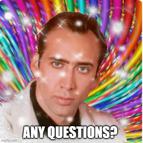 Nicolas Cage | ANY QUESTIONS? | image tagged in funny | made w/ Imgflip meme maker