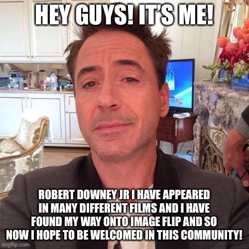 HEY GUYS! IT’S ME! ROBERT DOWNEY JR I HAVE APPEARED IN MANY DIFFERENT FILMS AND I HAVE FOUND MY WAY ONTO IMAGE FLIP AND SO NOW I HOPE TO BE WELCOMED IN THIS COMMUNITY! | image tagged in memes | made w/ Imgflip meme maker