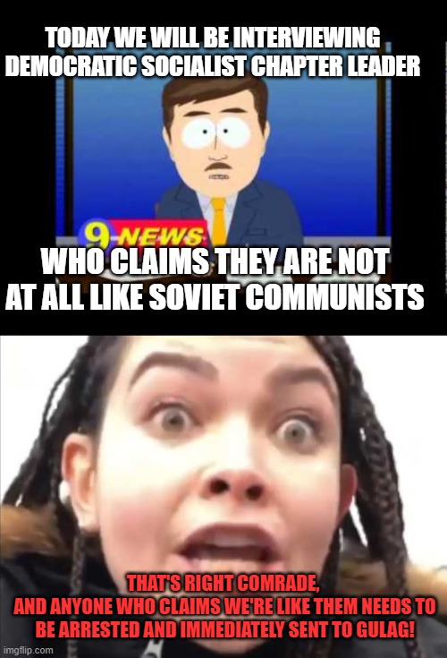 Democratic Socialists Speak | TODAY WE WILL BE INTERVIEWING DEMOCRATIC SOCIALIST CHAPTER LEADER; WHO CLAIMS THEY ARE NOT AT ALL LIKE SOVIET COMMUNISTS; THAT'S RIGHT COMRADE, 
AND ANYONE WHO CLAIMS WE'RE LIKE THEM NEEDS TO BE ARRESTED AND IMMEDIATELY SENT TO GULAG! | image tagged in democratic socialism,sjw,comrade,communist,marxist | made w/ Imgflip meme maker