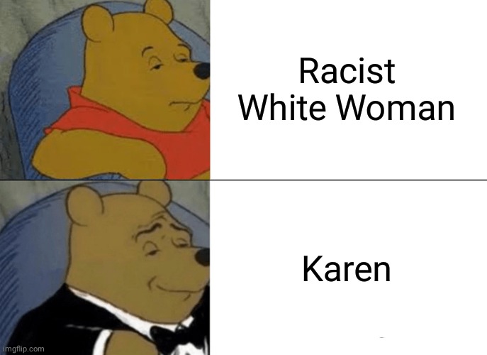 That's is a fancy way to say it | Racist White Woman; Karen | image tagged in memes,tuxedo winnie the pooh,winnie the pooh,fun,karen | made w/ Imgflip meme maker